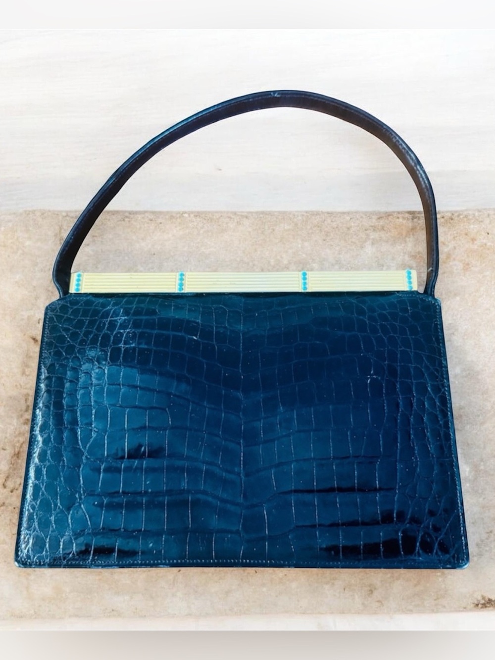 Extremely RARE 1920s mid-century crocodile skin handbag w/ Turquoise FRANCE